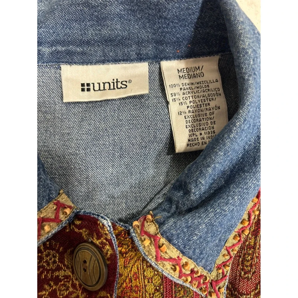 Units Womens Patchwork Tapestry Denim Jacket Cotton Blend Medium Blue Multicolor